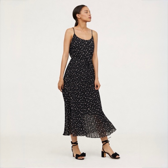 H&M Black Floral Pleated Midi Dress Size XS Spaghetti Strap Lightweight Summer - Picture 7 of 11